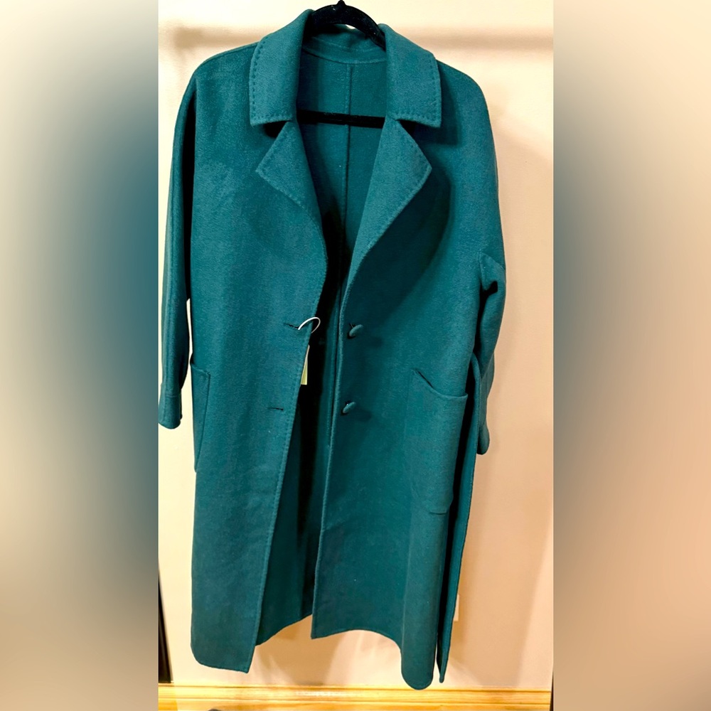 Elegant Women’s Teal Long Wool Hand-made Coat Size M